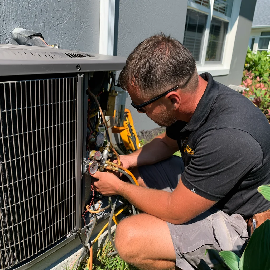 Technician checking pressure gauges on an outdoor air conditioning unit