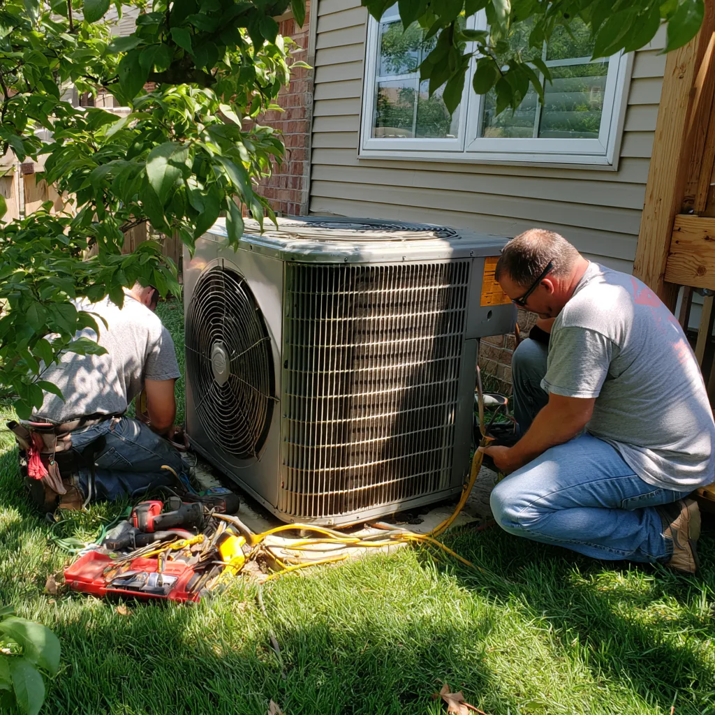 Two technicians working beside a residential outdoor HVAC unit