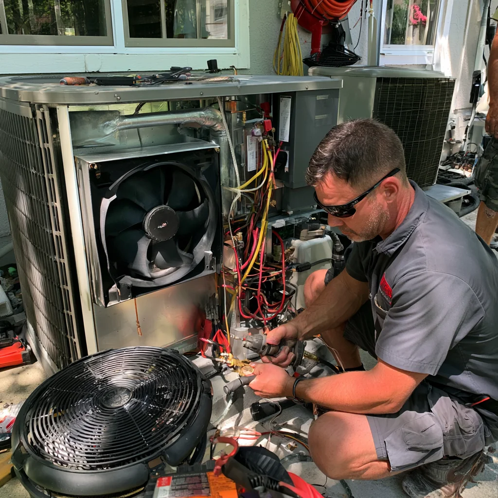 Technician working on an opened HVAC cabinet beside a removed fan assembly