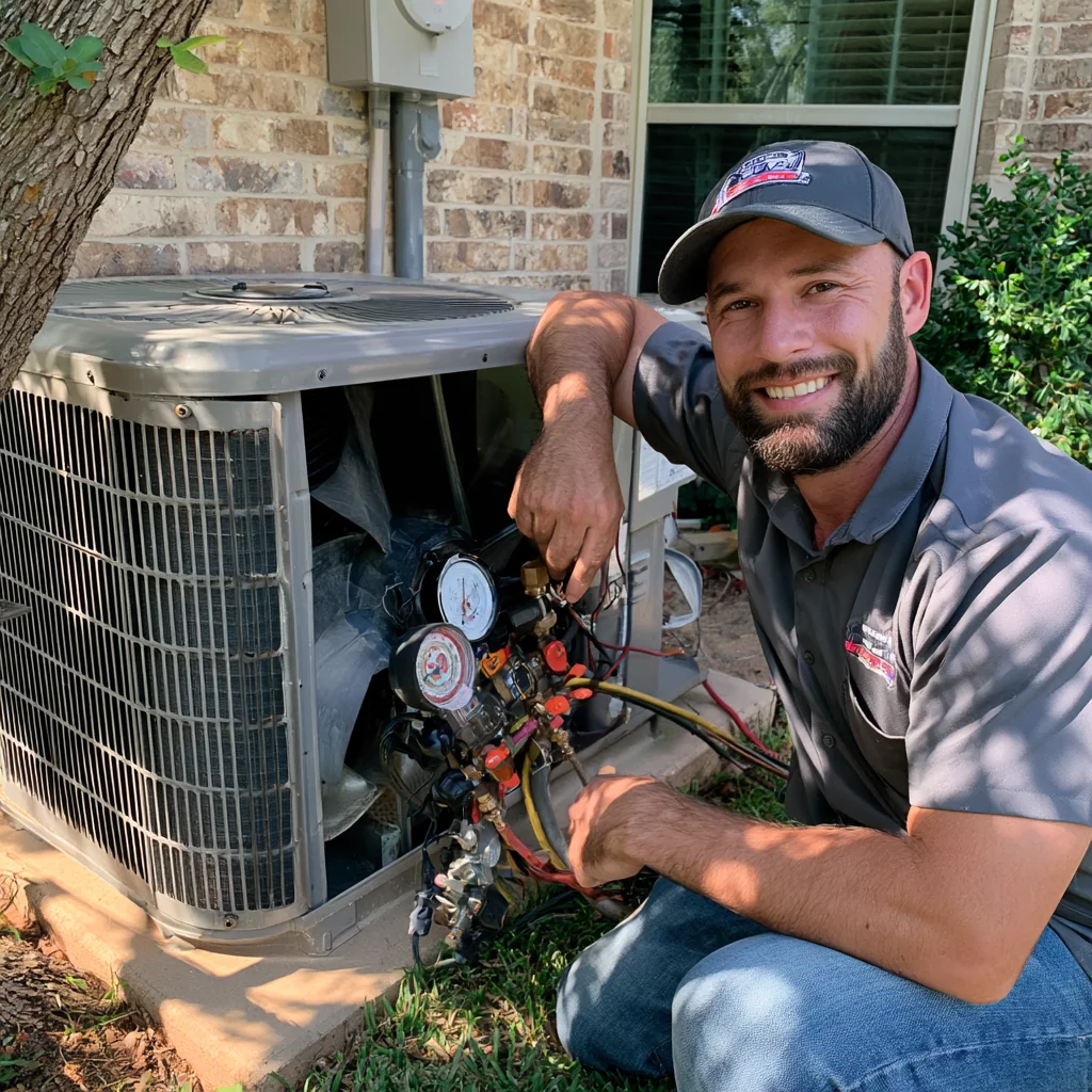 Smiling technician with pressure gauges beside an outdoor air conditioner