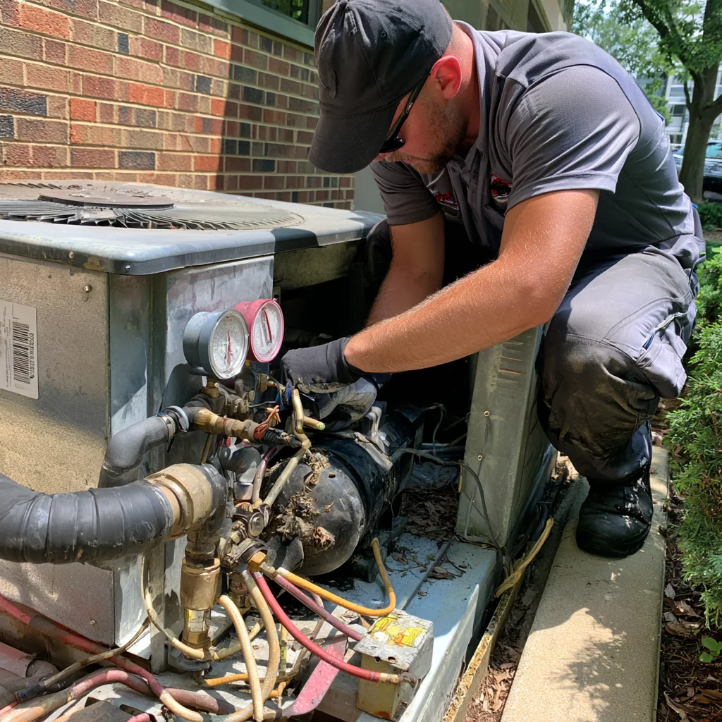 Technician wearing gloves servicing the lower compartment of an outdoor HVAC unit
