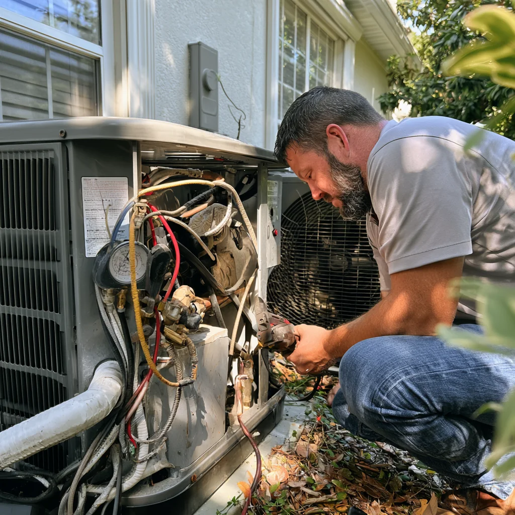 Technician checking components inside a residential outdoor air conditioner