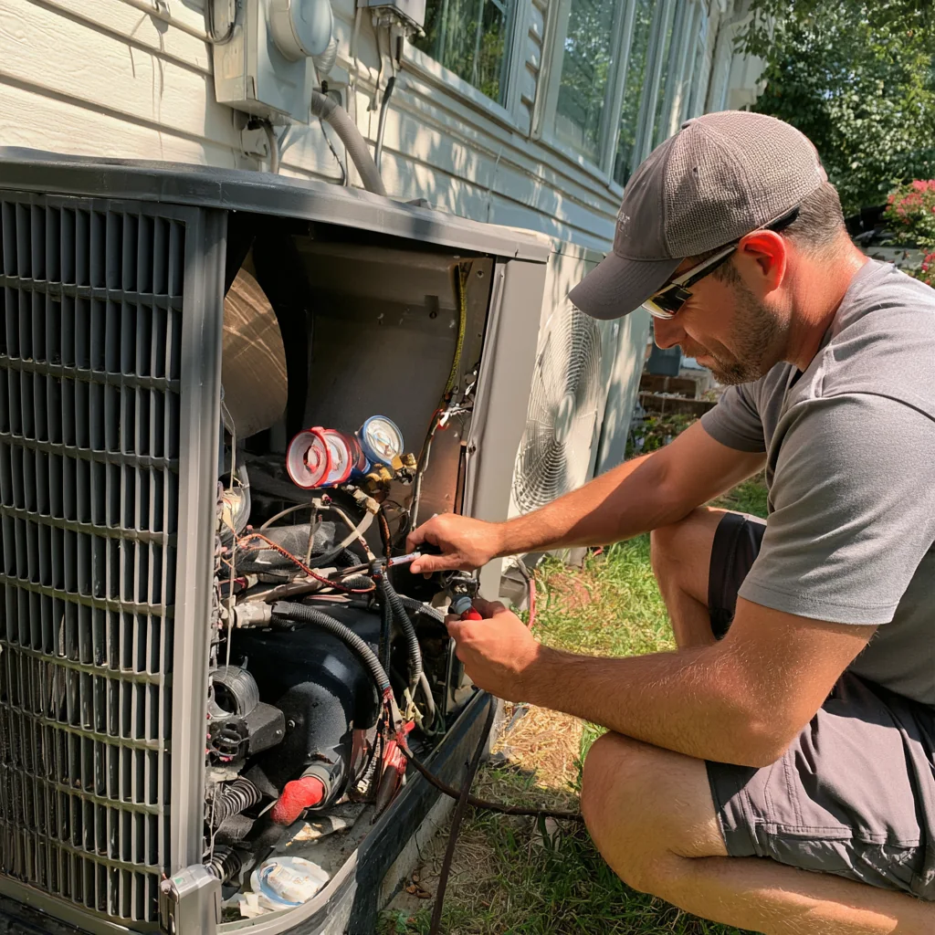 Technician in a cap working on wiring and gauges inside an outdoor HVAC cabinet