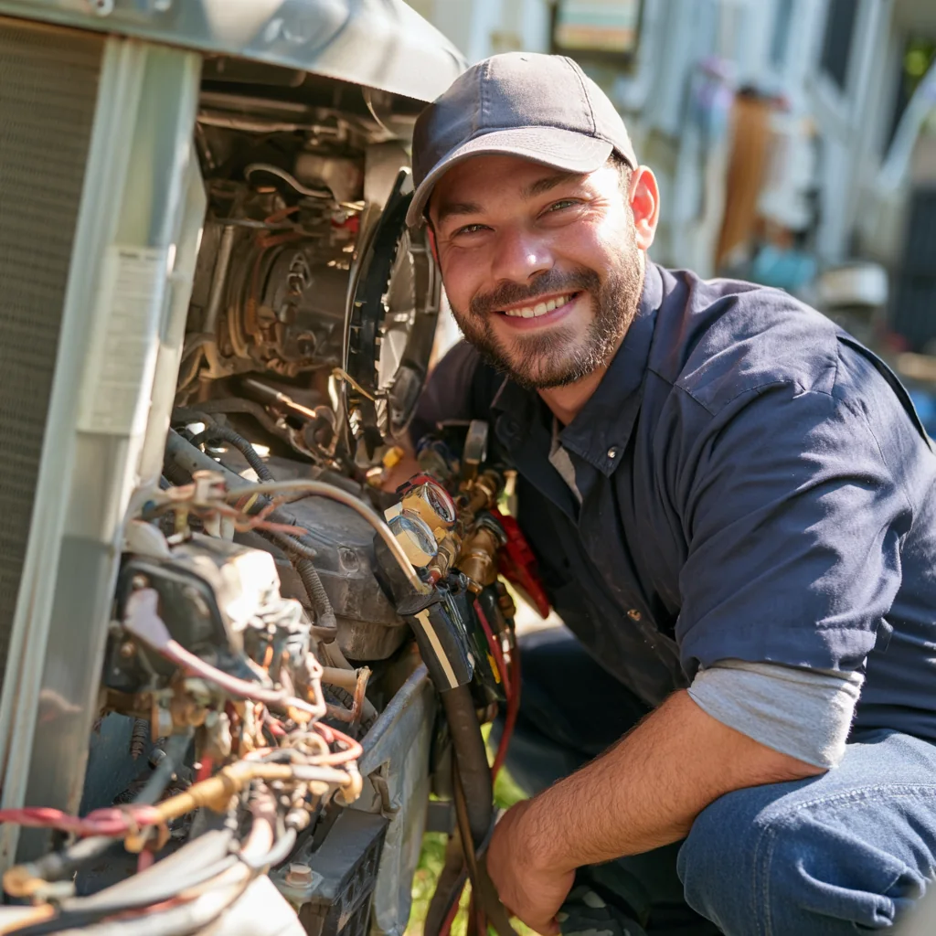 Smiling technician beside the open service panel of an outdoor HVAC unit