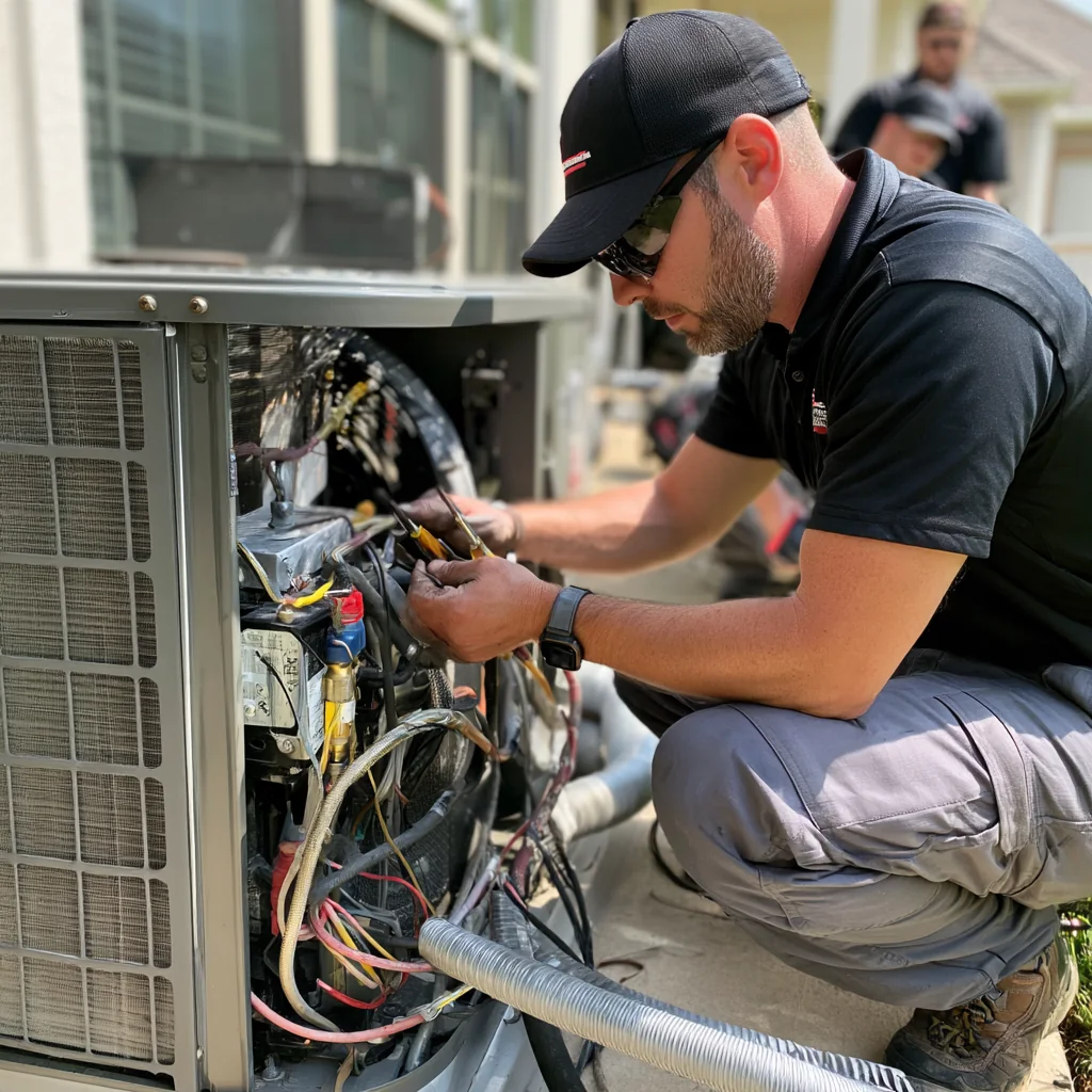 Technician using hand tools on wiring in an outdoor HVAC unit