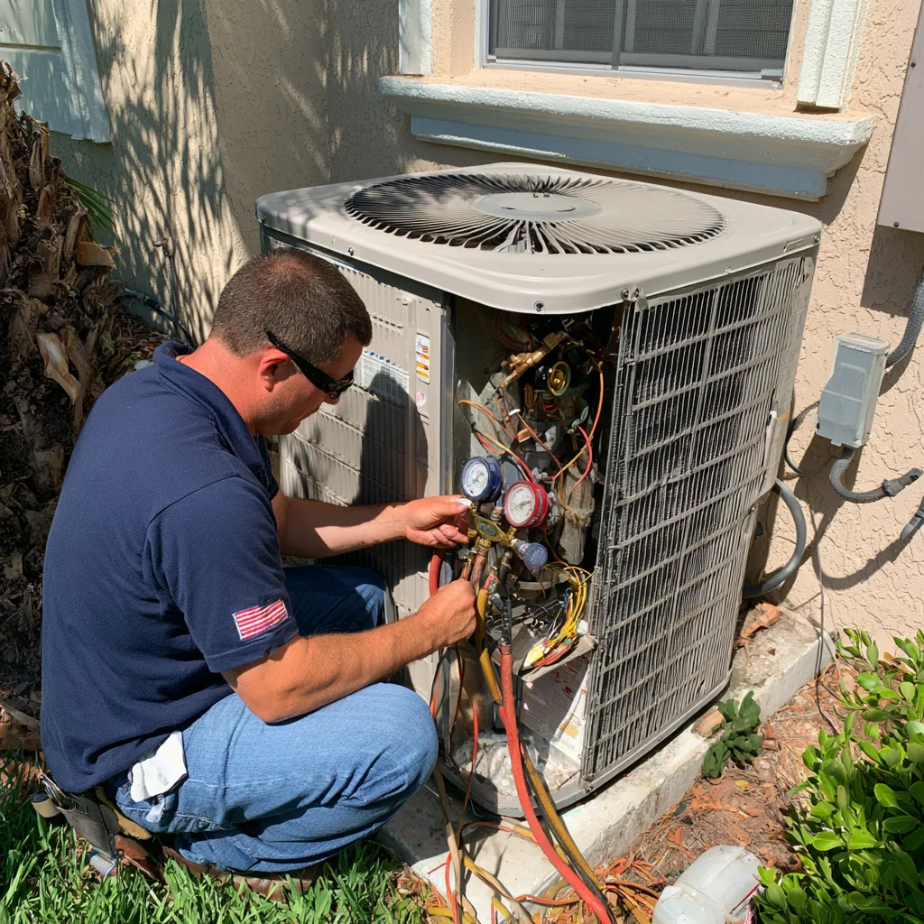 Technician inspecting pressure gauges beside an outdoor condenser